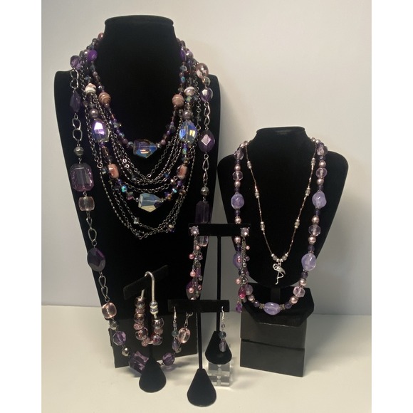 Mixed Fashion Jewelry Lot Purple Pink Hues 7 pc Necklaces Earrings Bracelet EUC - Picture 3 of 16